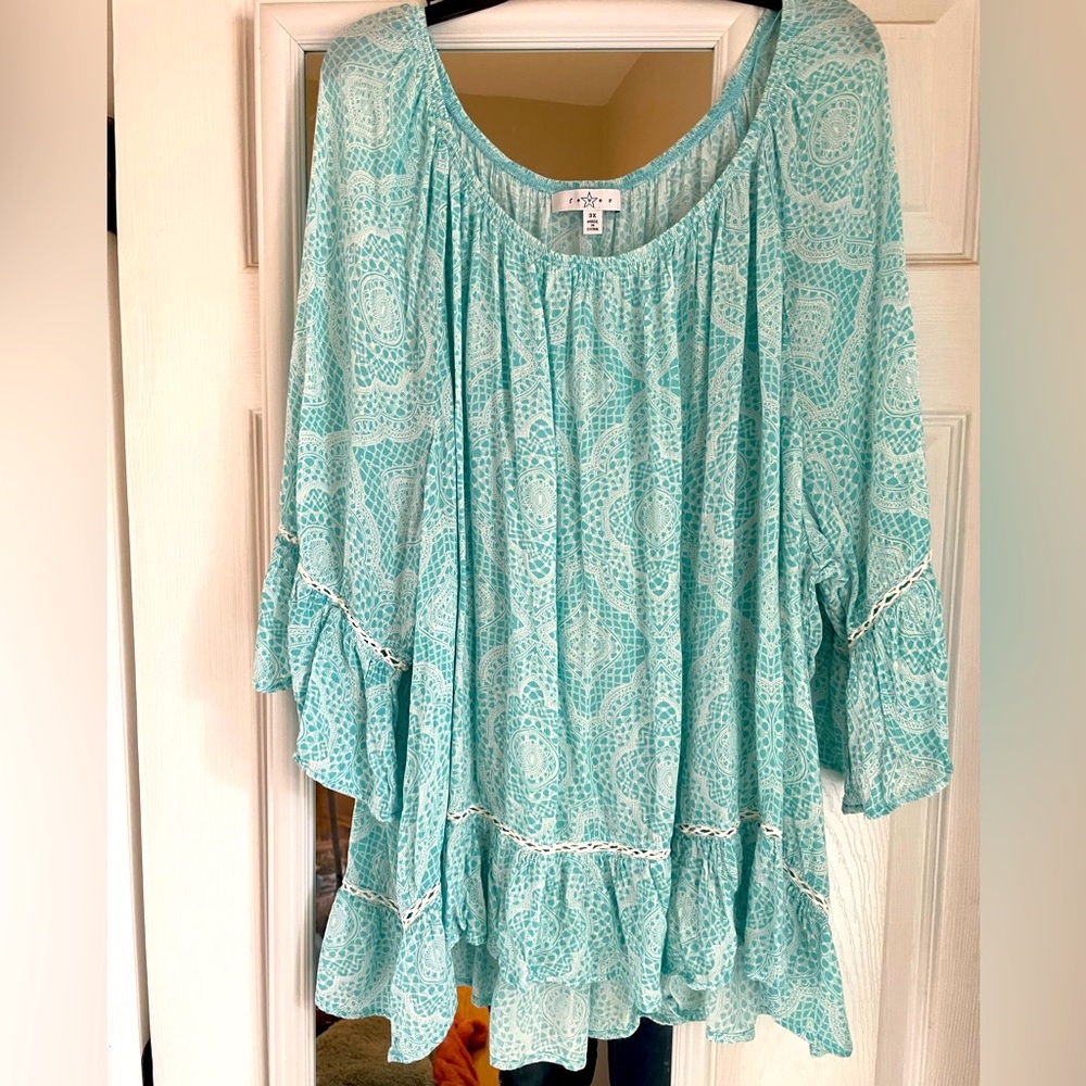 Fever plus size turquoise top with ruffles and lace